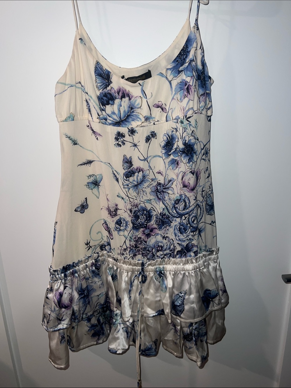 Roberto Cavalli fairy whimsy butterfly golden shimmer Floral Silk babydoll Dress